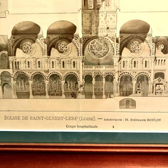 2 Framed ANTIQUE FRENCH ARCHITECTURE PRINTS ChurchSaint Genest-Lerp Loire Valley - Picture 7 of 9
